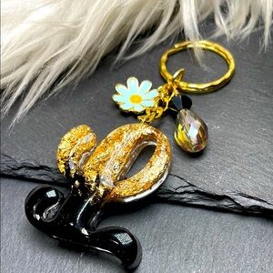Custom Made Hand Crafted Gold Leaf & Black Resin Keychain With Austrian Crystal